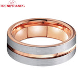 8mm 6mm Tungsten Wedding Band Rose Brushed Grooved Finish