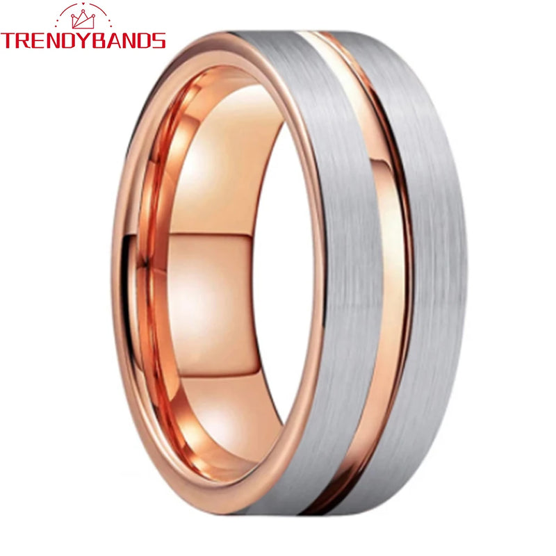 8mm 6mm Tungsten Wedding Band Rose Brushed Grooved Finish