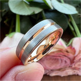 8mm 6mm Tungsten Wedding Band Rose Brushed Grooved Finish