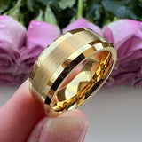 8mm Tungsten Carbide Ring Brushed Beveled Edges Flat Band