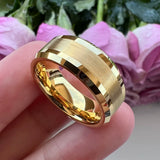 8mm Tungsten Carbide Ring Brushed Beveled Edges Flat Band