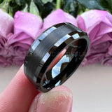 8mm Tungsten Carbide Ring Brushed Beveled Edges Flat Band