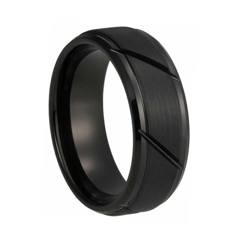 8mm Tungsten Carbide Ring Groove Stepped Beveled Engagement Band