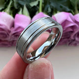 8mm Tungsten Carbide Ring Pipe Cut Offset Grooved Brushed Finish Comfort Fit