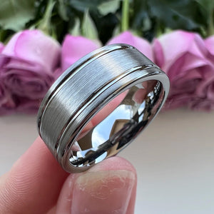 8mm Tungsten Carbide Ring Pipe Cut Offset Grooved Brushed Finish Comfort Fit