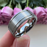8mm Tungsten Carbide Ring Pipe Cut Offset Grooved Brushed Finish Comfort Fit