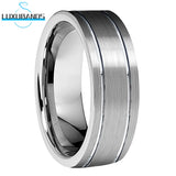 8mm Tungsten Carbide Ring Pipe Cut Offset Grooved Brushed Finish Comfort Fit