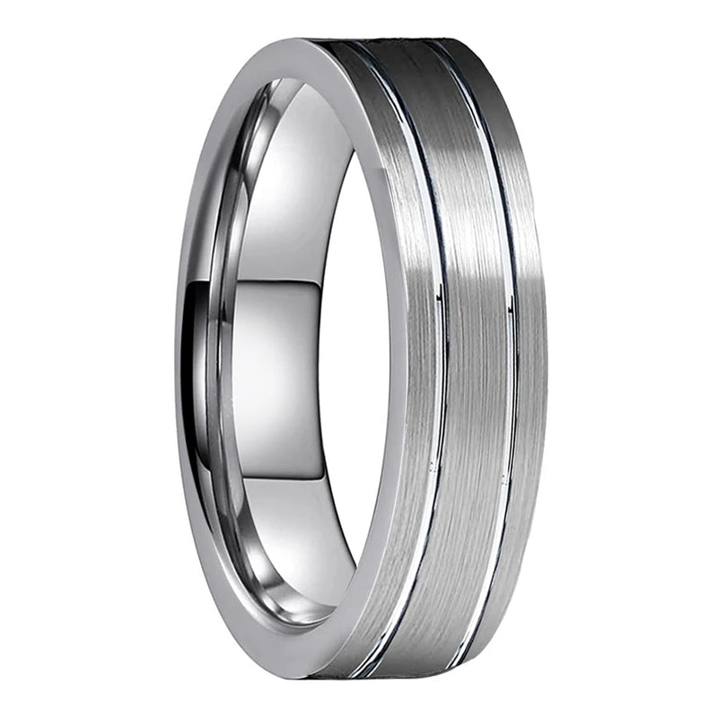 8mm Tungsten Carbide Ring Pipe Cut Offset Grooved Brushed Finish Comfort Fit