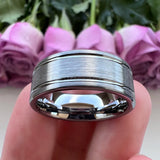 8mm Tungsten Carbide Ring Pipe Cut Offset Grooved Brushed Finish Comfort Fit