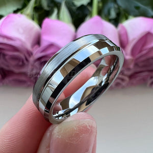 8mm Tungsten Wedding Ring Beveled Edges Center Grooved Polished Brushed Finish
