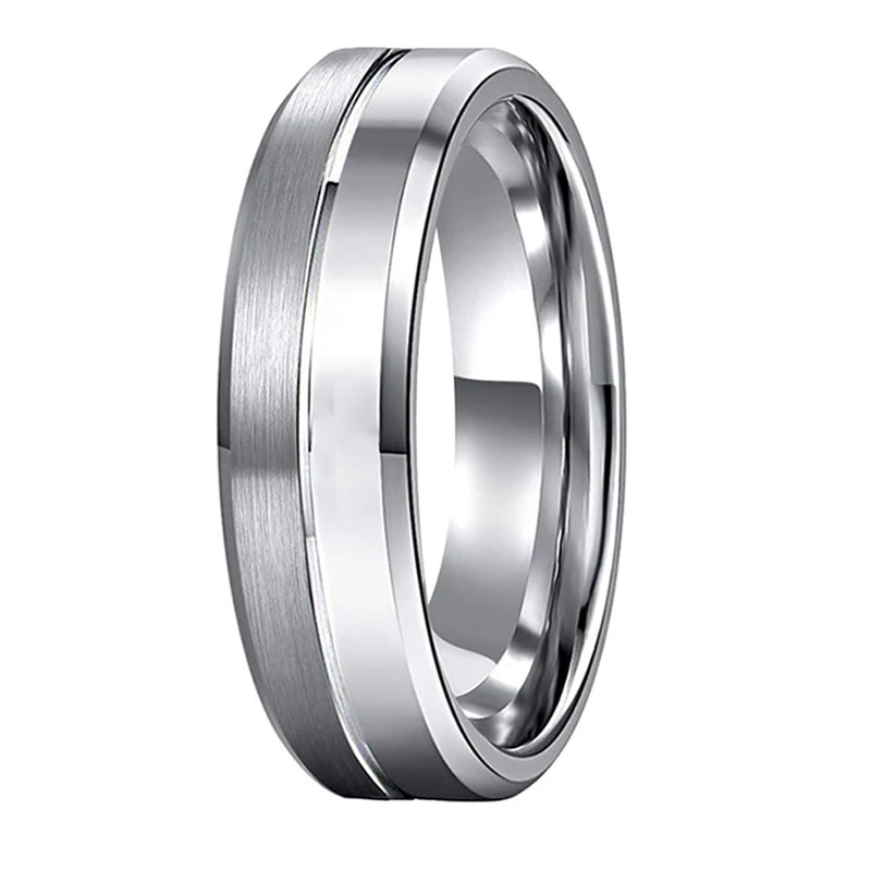8mm Tungsten Wedding Ring Beveled Edges Center Grooved Polished Brushed Finish
