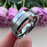 8mm Tungsten Wedding Ring Beveled Edges Center Grooved Polished Brushed Finish