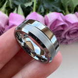 8mm Tungsten Wedding Ring Beveled Edges Center Grooved Polished Brushed Finish