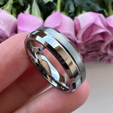 8mm Tungsten Wedding Ring Beveled Edges Center Grooved Polished Brushed Finish