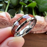 Tungsten Wedding Band with Koa Wood Inlay, Beveled Polished