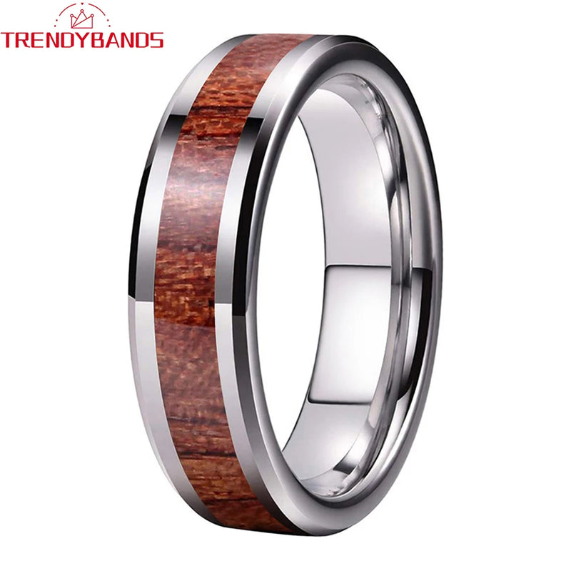 Tungsten Wedding Band with Koa Wood Inlay, Beveled Polished
