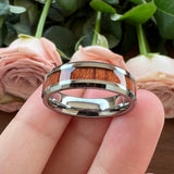 Tungsten Wedding Band with Koa Wood Inlay, Beveled Polished