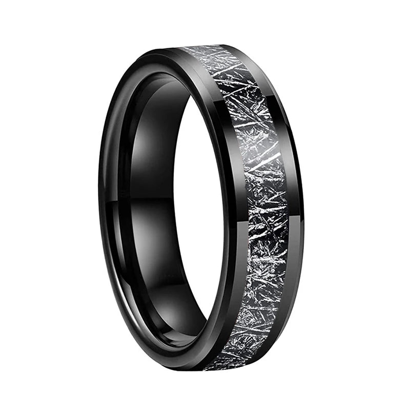 8mm 6mm Tungsten Wedding Rings with Meteorite Inlay Beveled Edges