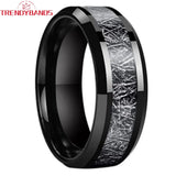 8mm 6mm Tungsten Wedding Rings with Meteorite Inlay Beveled Edges
