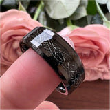 8mm 6mm Tungsten Wedding Rings with Meteorite Inlay Beveled Edges