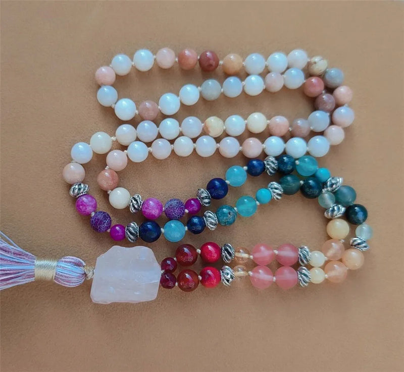 8mm 7 Chakras 108 Beads Tassel Knotted Necklace Lucky Cuff