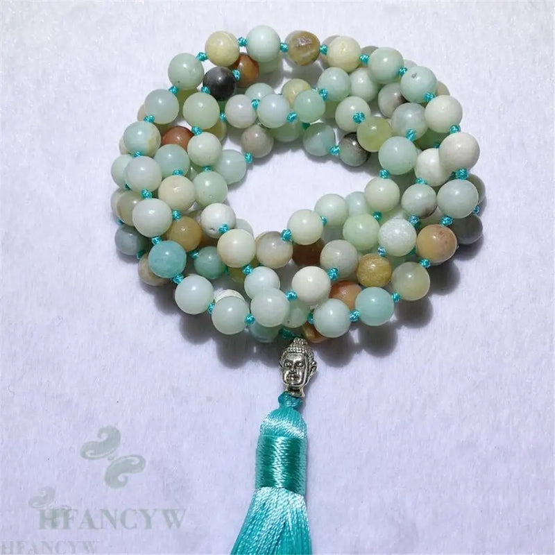 8mm Amazonite 108 Beads Buddha Tassel Necklace Lucky Buddhism Wrist Meditation