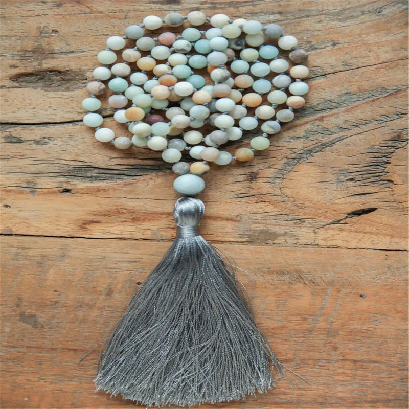 8mm Amazonite 108 Beads Tassel Necklace Buddhism Chakra Meditation