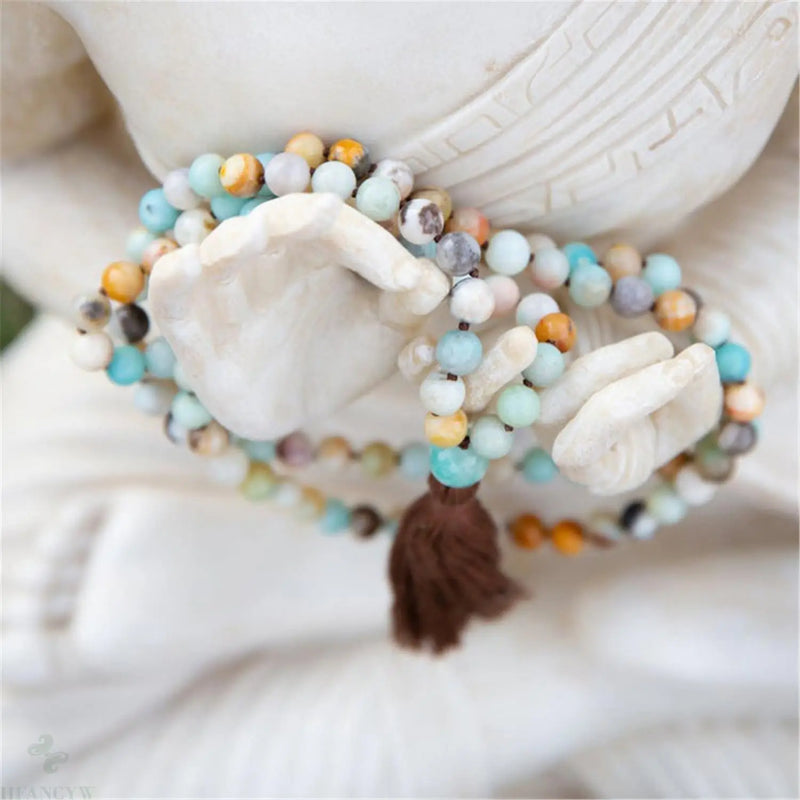 8mm Amazonite 108 Beads Tassel Necklace Prayer Wristband Chakra Buddhism