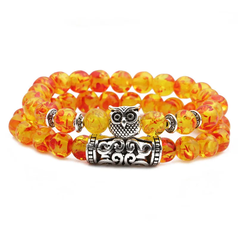 8mm Amber Lapis Lazuli Bead Stone Bracelet Owl Elbow Beaded Bracelets DIY Set