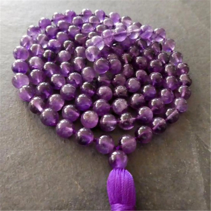 8mm Amethyst 108 Beads Tassel Necklace Spirituality Tibetan Yoga Prayer