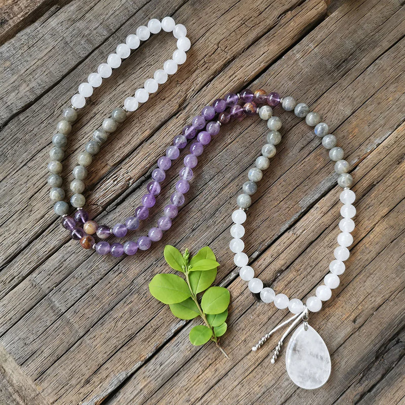 Amethyst Labradorite Lodolite Stone Beads Necklace