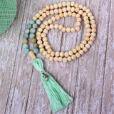 8mm Beige Prayer Beads Amazonite Tassel Necklace Tibetan Classic Buddhism
