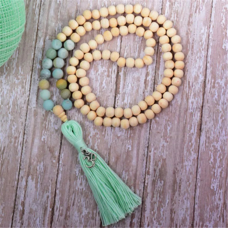8mm Beige Prayer Beads Amazonite Tassel Necklace Tibetan Classic Buddhism