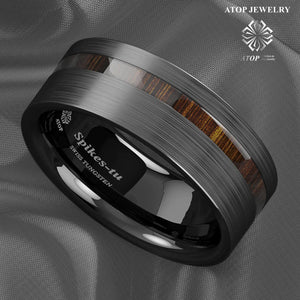 8mm Brushed Tungsten Carbide Ring Koa Wood Wedding Band