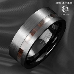 8mm Brushed Tungsten Carbide Ring Koa Wood Wedding Band