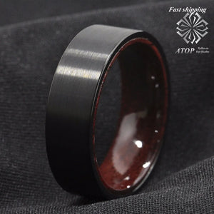 Tungsten Red Sandal Wood Inlay Wedding Band Ring Men's Jewelry