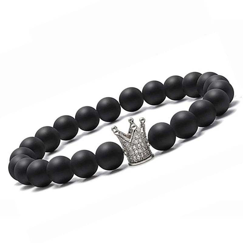8mm Matte Howlite Couples Bracelets CZ Crown King Queen Natural Stone Bracelets