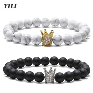8mm Matte Howlite Couples Bracelets CZ Crown King Queen Natural Stone Bracelets