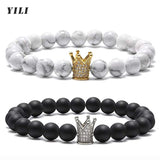 8mm Matte Howlite Couples Bracelets CZ Crown King Queen Natural Stone Bracelets
