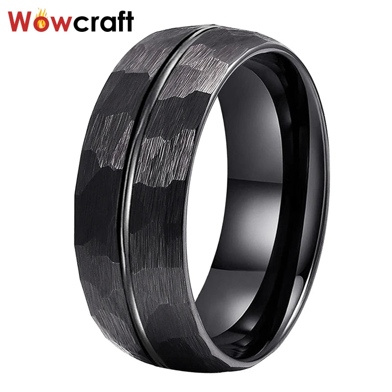 8mm Hammered Tungsten Carbide Ring Wedding Band Brushed Finish
