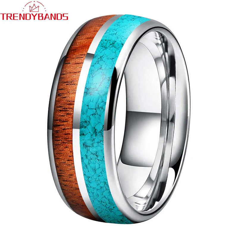 Tungsten Carbide Ring with Turquoise Koa Wood Inlay - Comfort Fit