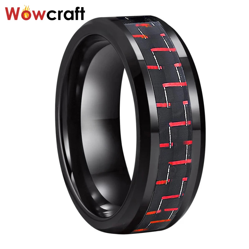 8mm Tungsten Carbide Ring Red Carbon Fiber Inlay Wedding Band