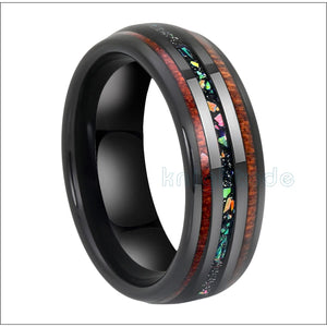 Tungsten Carbide Wedding Rings with Opal/Hawaii Koa Wood Inlay