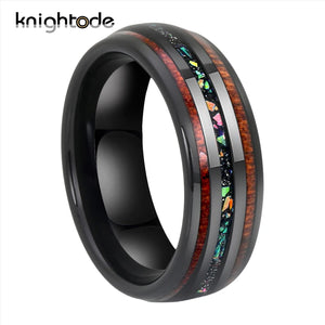 Tungsten Carbide Wedding Rings with Opal/Hawaii Koa Wood Inlay