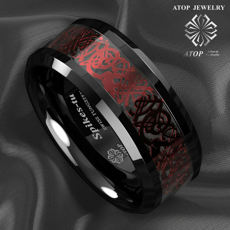 8mm Tungsten Ring Red Celtic Dragon carbon fibre Ring Jewelry