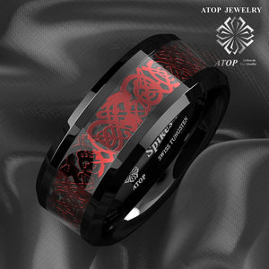 8mm Tungsten Ring Red Celtic Dragon carbon fibre Ring Jewelry