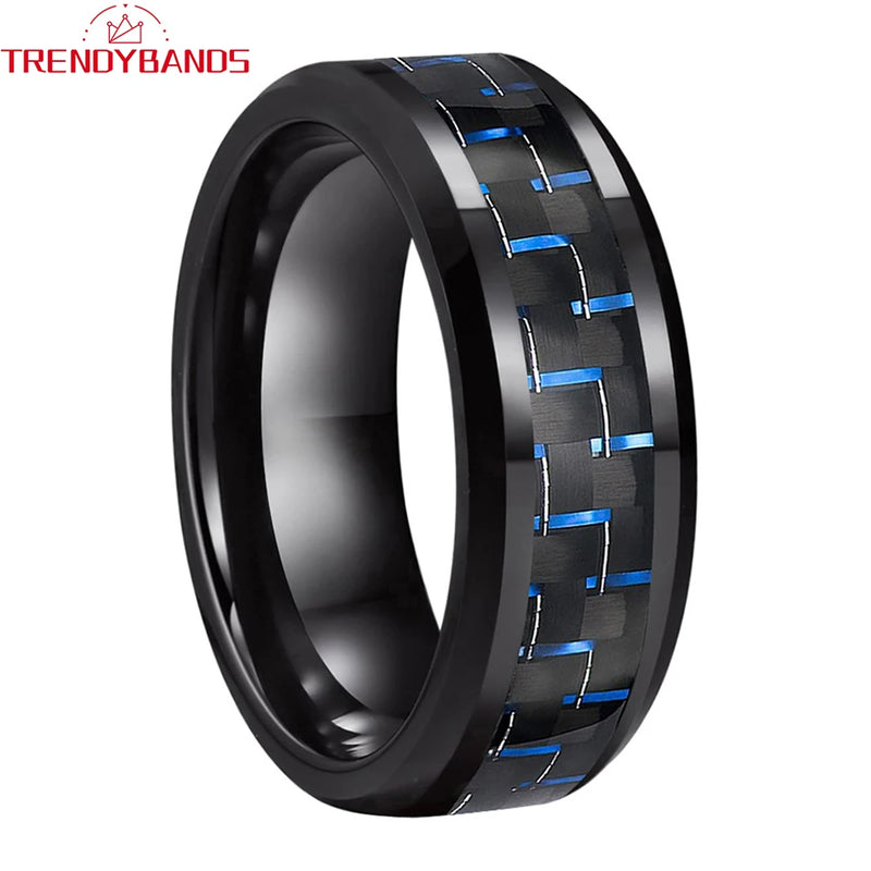 8mm Tungsten Ring Beveled Edges Carbon Fiber Inlay Polished Finish