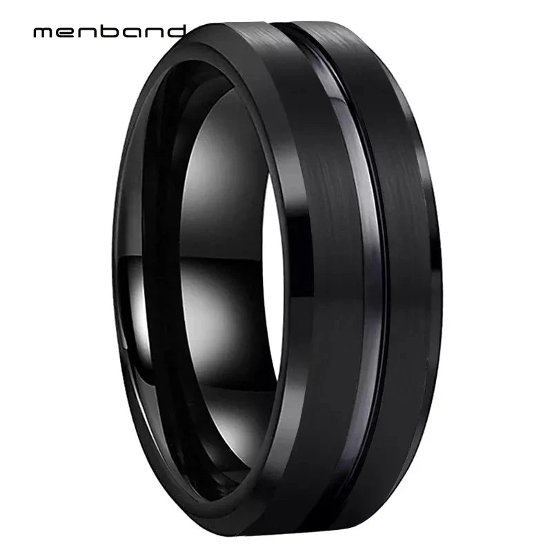 8mm Tungsten Wedding Band Grooved Bevel Edges Brushed Finish