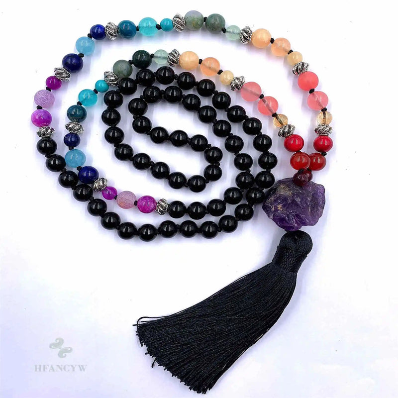 8mm Agate 108 Beads Tassel Knotted Necklace for Spirituality Pray