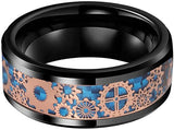 8mm Carbon Fiber Steampunk Gear Inlay Tungsten Ring Wedding Band
